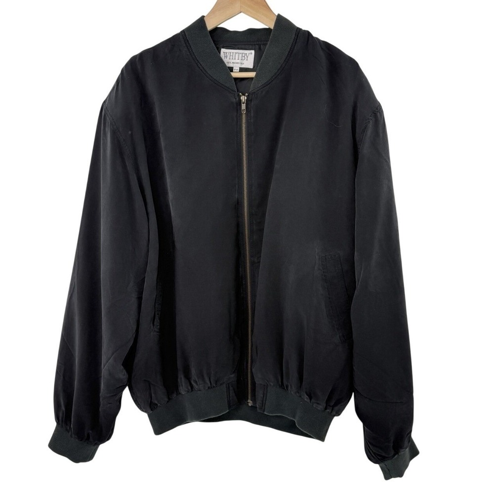 Whitby Men's Bomber Jacket Black 100% Washed Silk F4 Preppy Normcore Lightweight